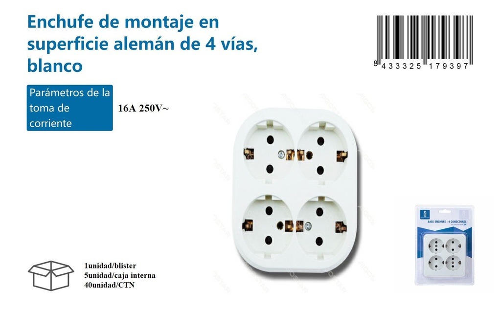 ENCHUFE SUPERFICIE 4TOMAS BCO 905200