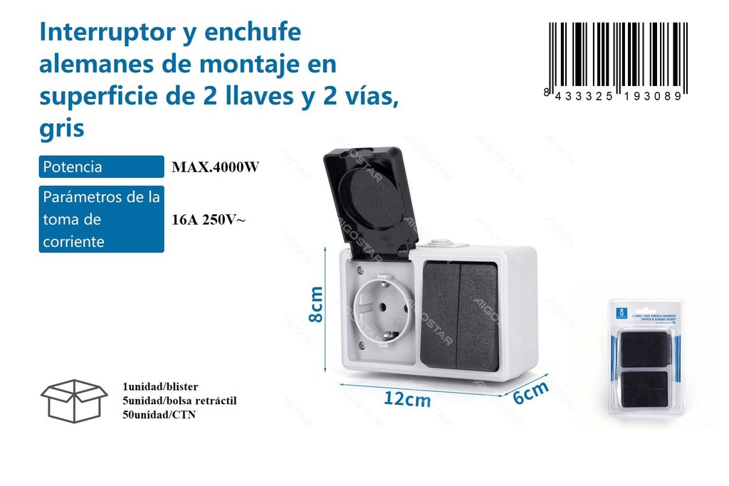INTERRUPTOR/ENCHUFE SUPERF. 2LLAVES 2VIAS 904400