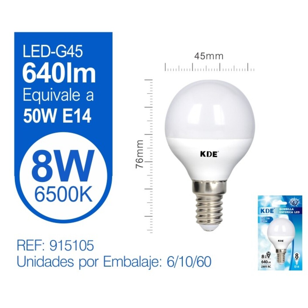 KDE ESFERICA G45 8W E14 6500K 90115000