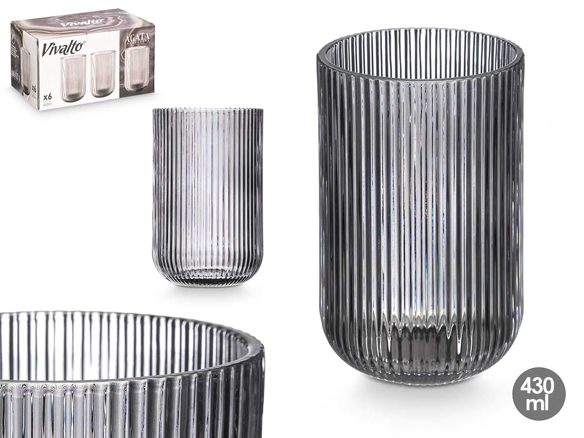 SET 6 VASOS GRIS RAYAS 430ML 908100