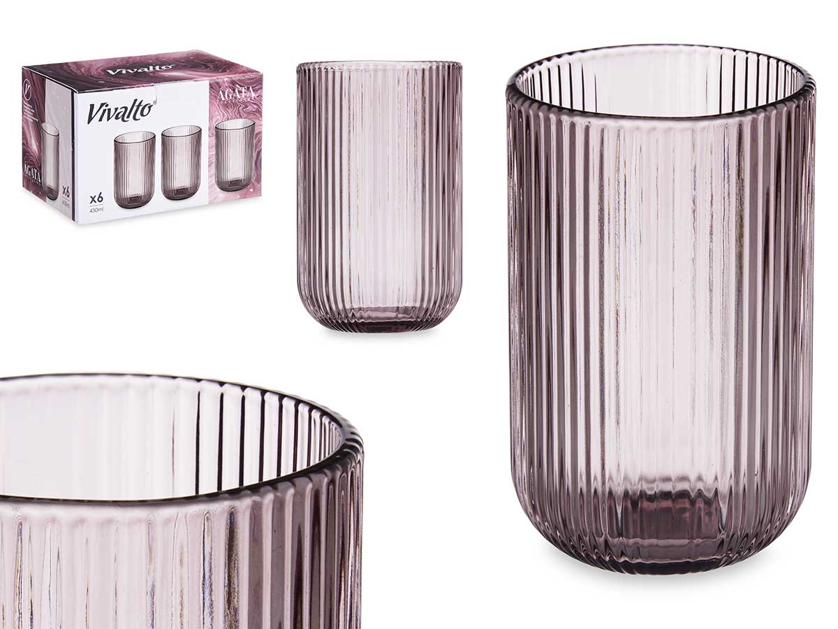 SET 6 VASOS ROSA RAYAS 430ML 908100