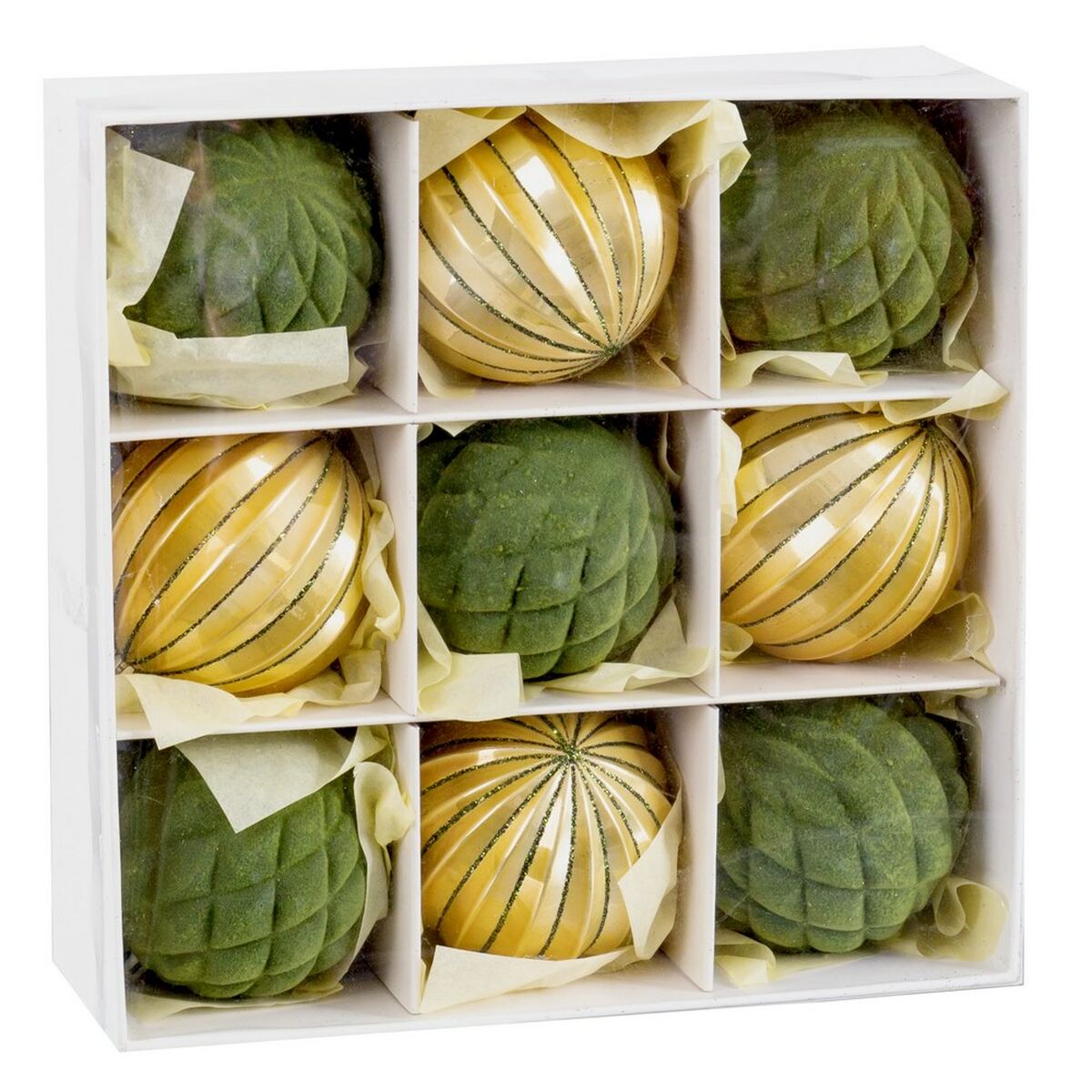 SET 9 BOLAS PLAST. VERDE/ORO 8CM 9102500